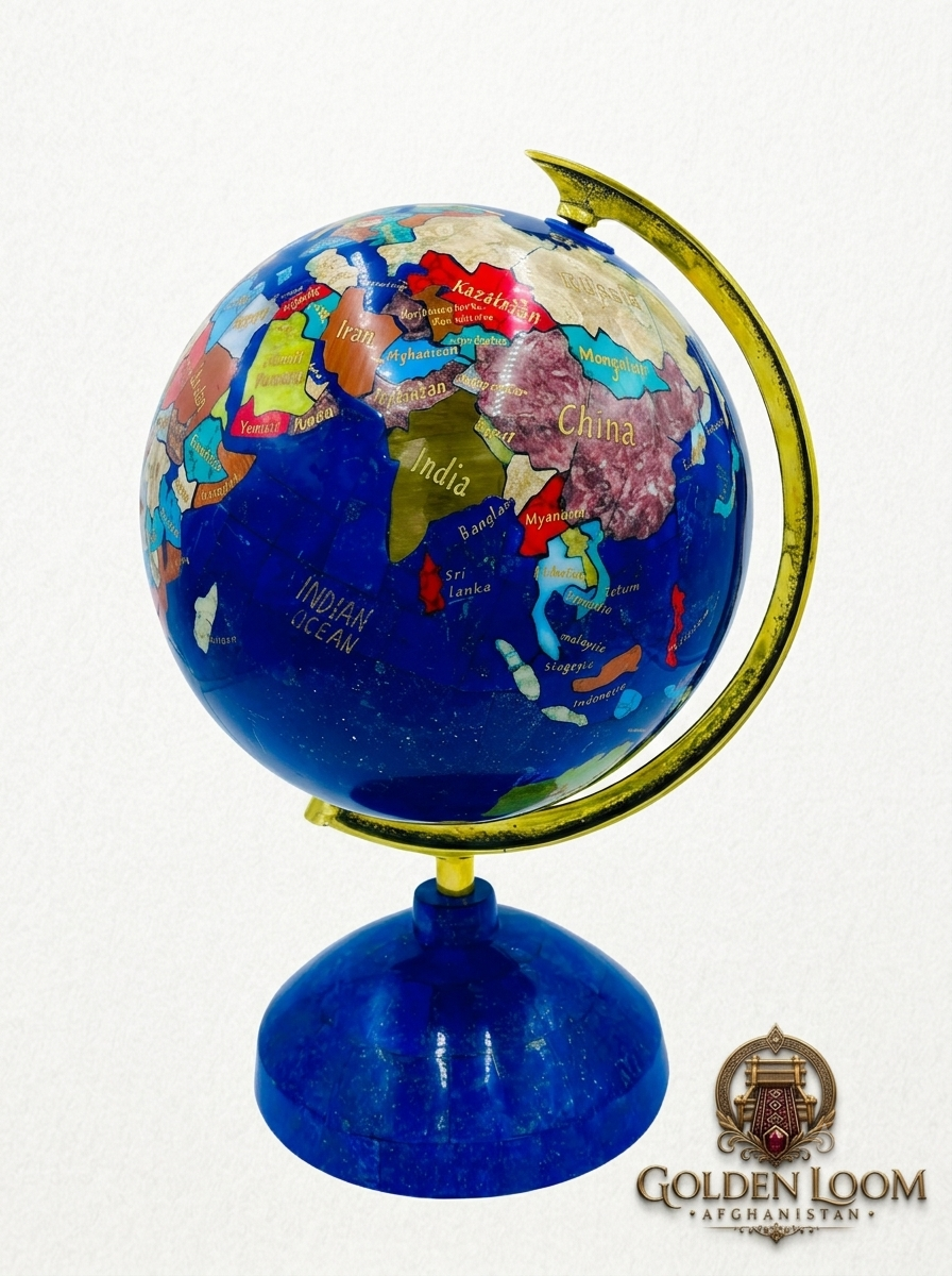 Handcrafted Royal Lapis Lazuli Globe made from genuine Badakhshan lapis lazuli with gold-tone meridian ring and lapis base — Golden Loom Afghanistan
