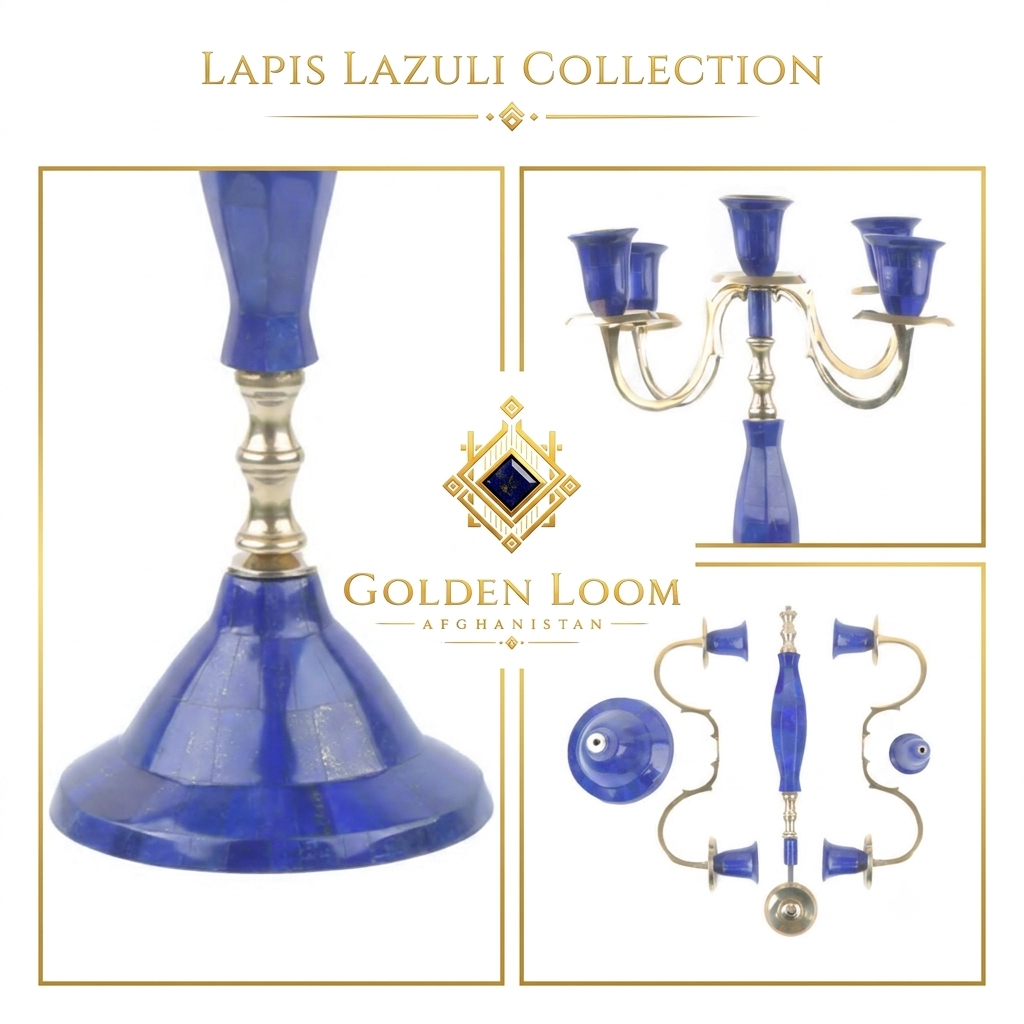 The Royal Five-Arm Candelabrum Pair highlighting its lapis lazuli surface, brass accents and handmade details.