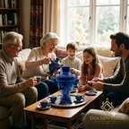 Family sharing tea around a Lapis Lazuli Samovar on a coffee table in a warm, sunlit living room — Golden Loom Afghanistan