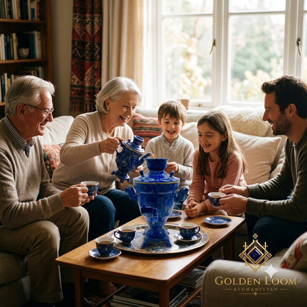 Family sharing tea around a Lapis Lazuli Samovar on a coffee table in a warm, sunlit living room — Golden Loom Afghanistan