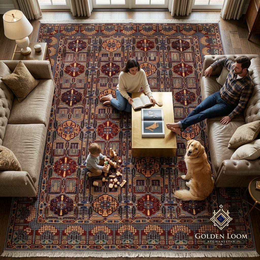 Large Afghan handmade carpet in rich red and blue tones with geometric motifs shown in a cozy family living room with a golden retriever — Golden Loom Afghanistan