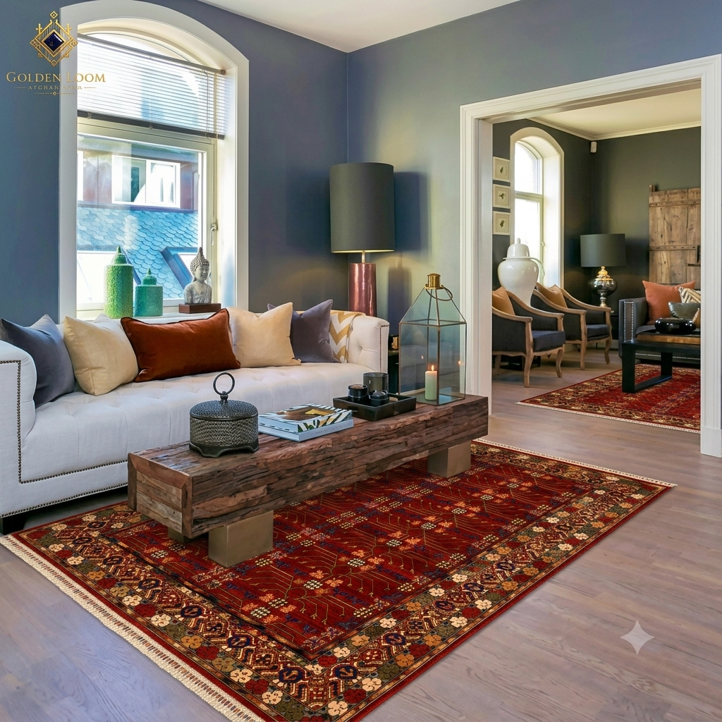 Sultani Chobi Afghan carpet in deep red styled in a contemporary living room with grey walls, white sofa, and wooden coffee table, Golden Loom Afghanistan