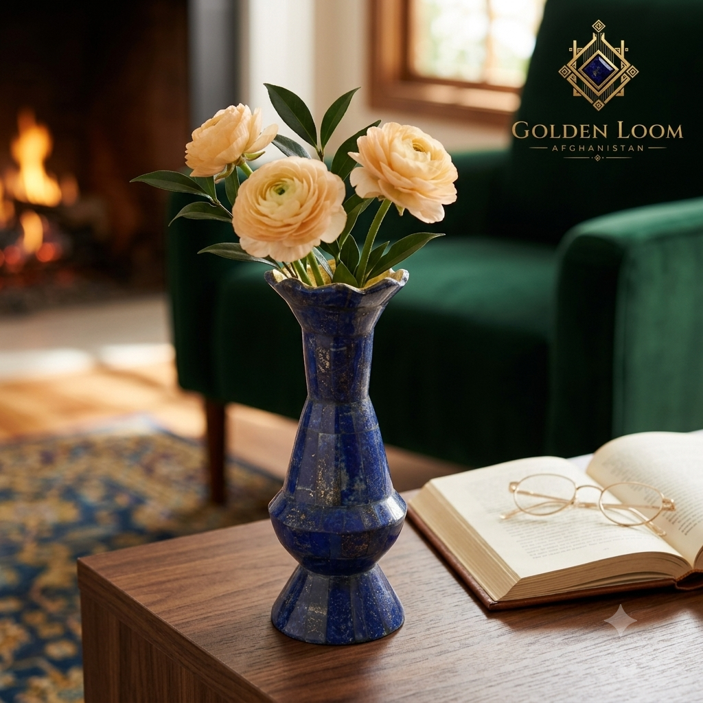 Lapis lazuli vase with peach ranunculus on a wooden coffee table beside an open book, with a green velvet armchair and glowing fireplace — Golden Loom Afghanistan
