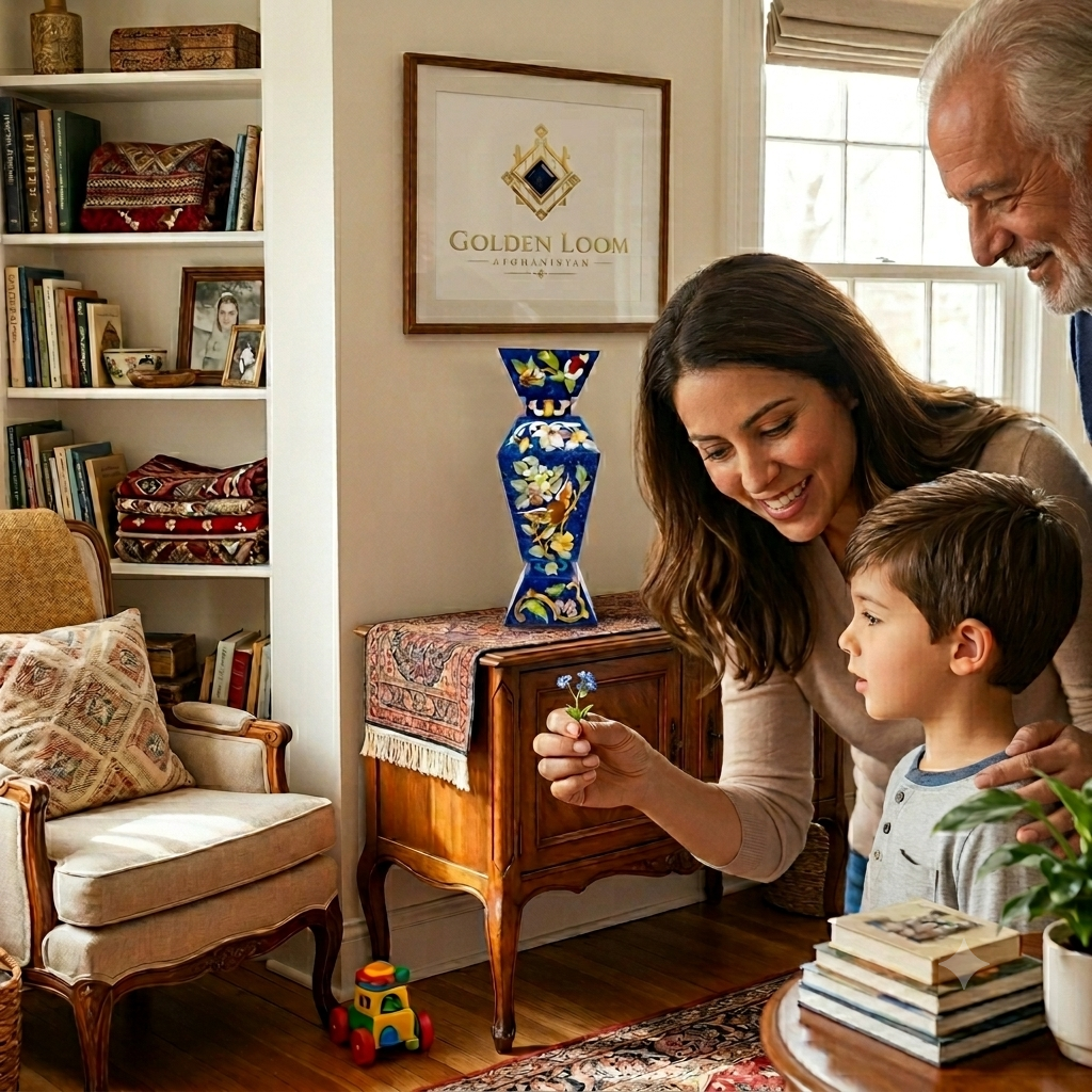 Family in a cozy living room with a decorative vase on a table