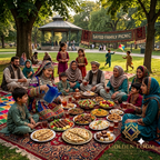 Afghan woman in traditional dress pouring tea from a Lapis Lazuli samovar at a family picnic on handwoven carpets in a green park — Golden Loom Afghanistan
