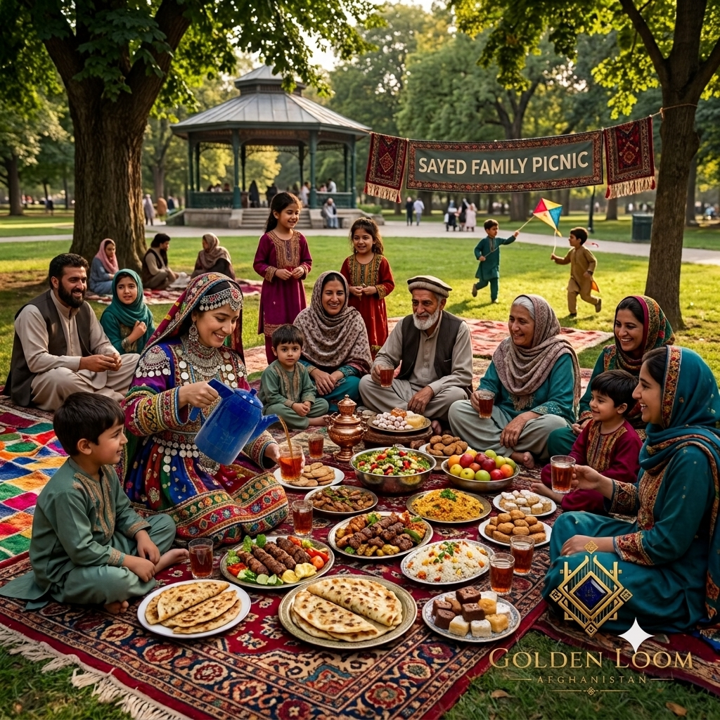 Afghan woman in traditional dress pouring tea from a Lapis Lazuli samovar at a family picnic on handwoven carpets in a green park — Golden Loom Afghanistan