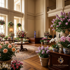 Handcrafted Afghan lapis lazuli mosaic vase displayed as a centerpiece in a grand floral hall with roses, orchids and lilacs — Golden Loom Afghanistan luxury interior décor