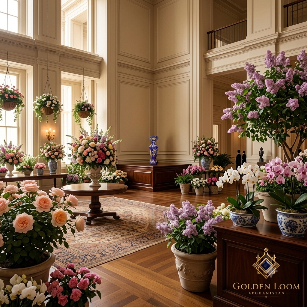 Handcrafted Afghan lapis lazuli mosaic vase displayed as a centerpiece in a grand floral hall with roses, orchids and lilacs — Golden Loom Afghanistan luxury interior décor