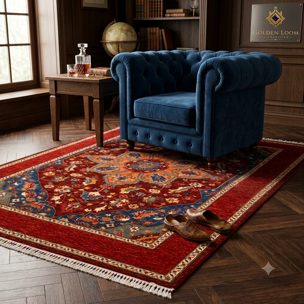 Chobi Kashan Afghan carpet styled in a dark luxury study with a blue velvet Chesterfield armchair and herringbone wood floor — Golden Loom Afghanistan