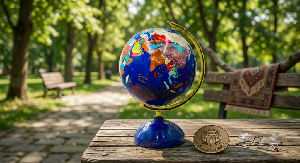 Close-up of handmade Badakhshan Lapis Lazuli Globe on a wooden park table with a Golden Loom Afghanistan branded coin and glasses