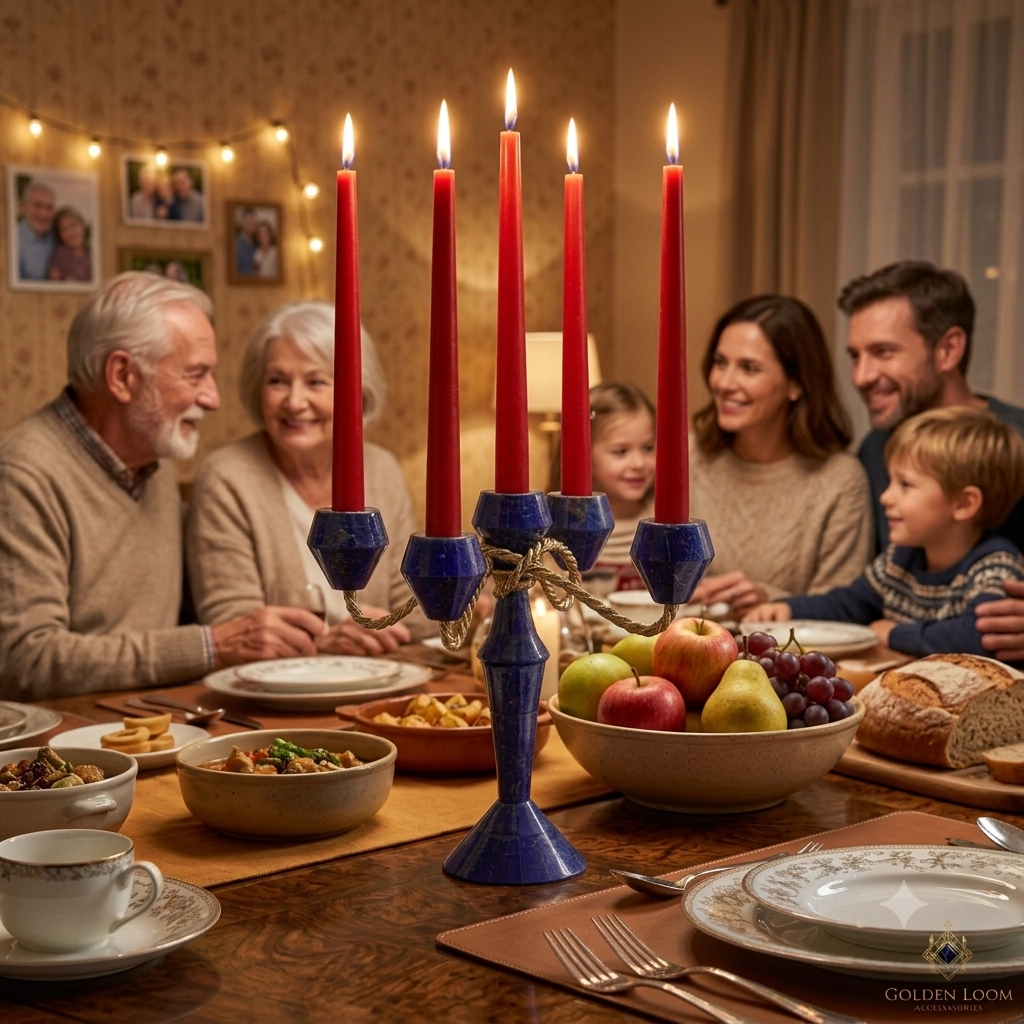 Golden Loom Luxury Lapis Lazuli Candle Holder – 5-Light Handcrafted Gemstone Candlestick Stand