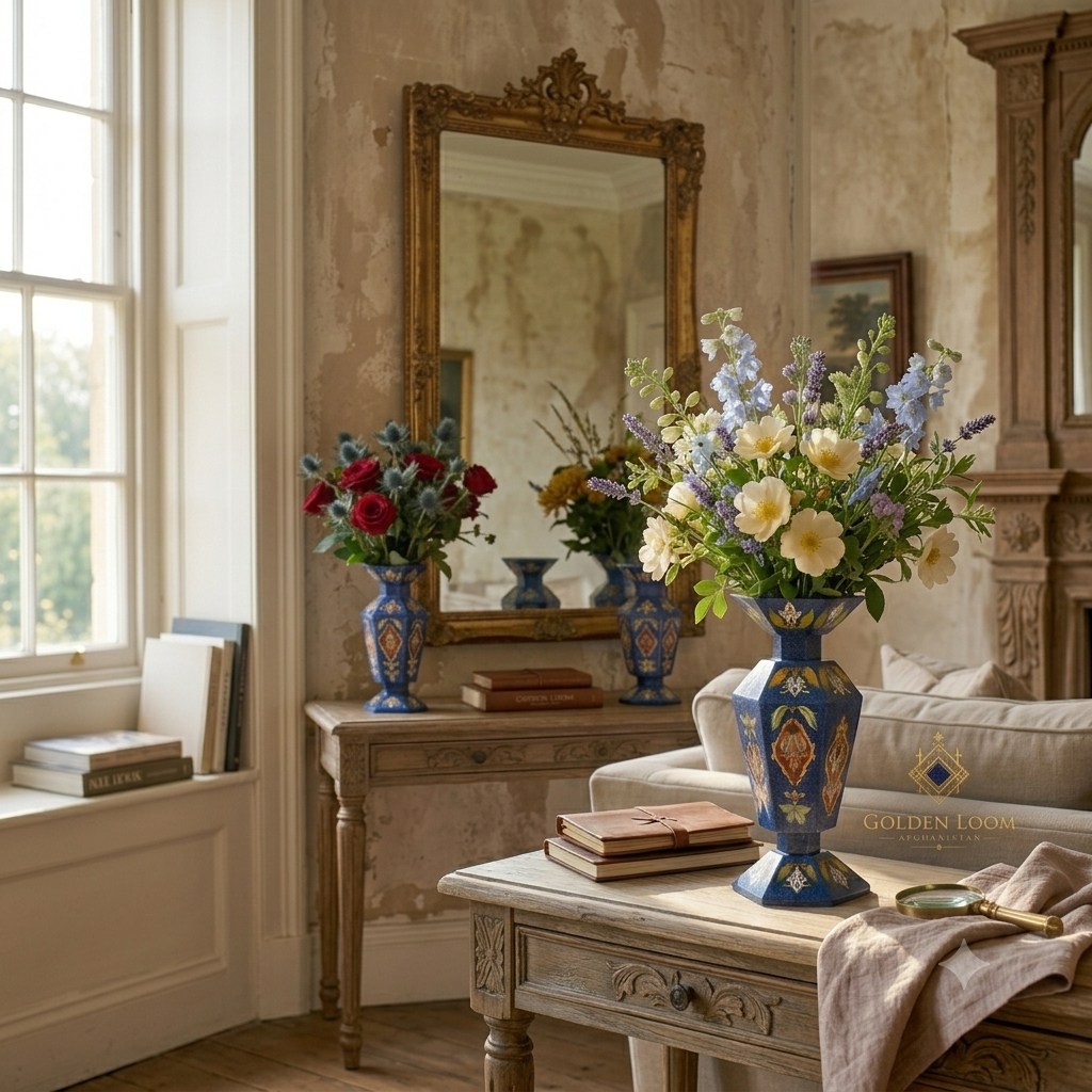 Two handcrafted Golden Loom Afghanistan lapis lazuli mosaic vases with floral arrangements displayed in a classic English country living room with gilt mirror — Afghan gemstone decorative art