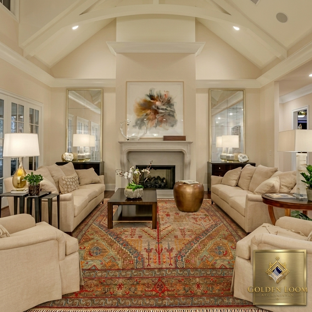 Large handwoven Afghan area rug with medallion design in red and gold anchoring a luxury living room with cream sofas and fireplace