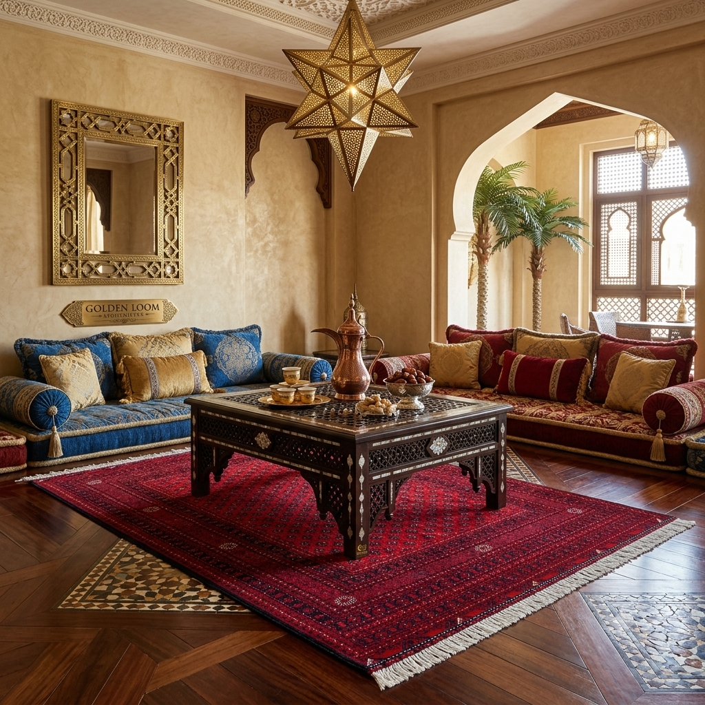 Traditional Afghan Bokhara rug in rich red anchoring an ornate Middle Eastern-style majlis sitting room with gold star lantern and carved archways — Golden Loom Afghanistan
