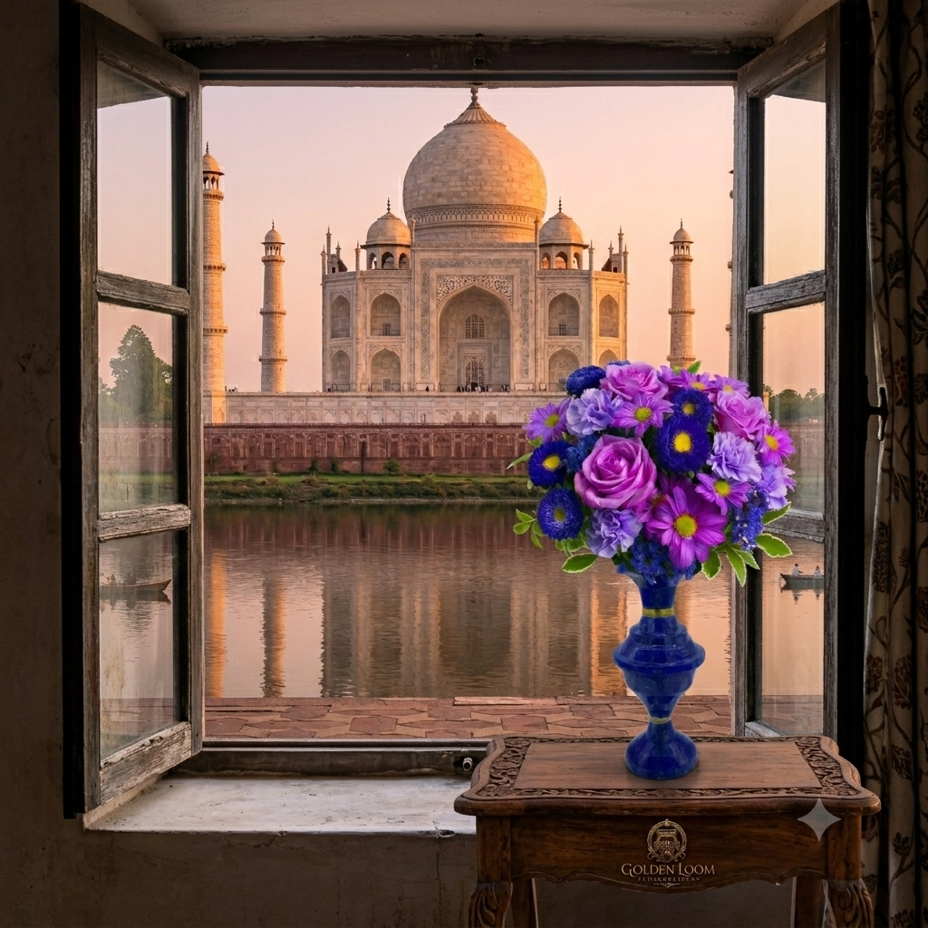 Afghan lapis lazuli vase filled with purple and blue flowers on a carved wooden table, framed by an open window with the Taj Mahal at sunset
