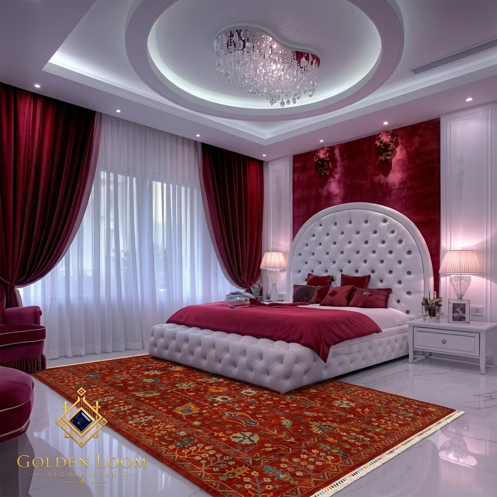 Afghan hand-knotted red floral Chobi rug in a glamorous bedroom with white tufted headboard, crystal chandelier, and crimson velvet drapes — Golden Loom Afghanistan