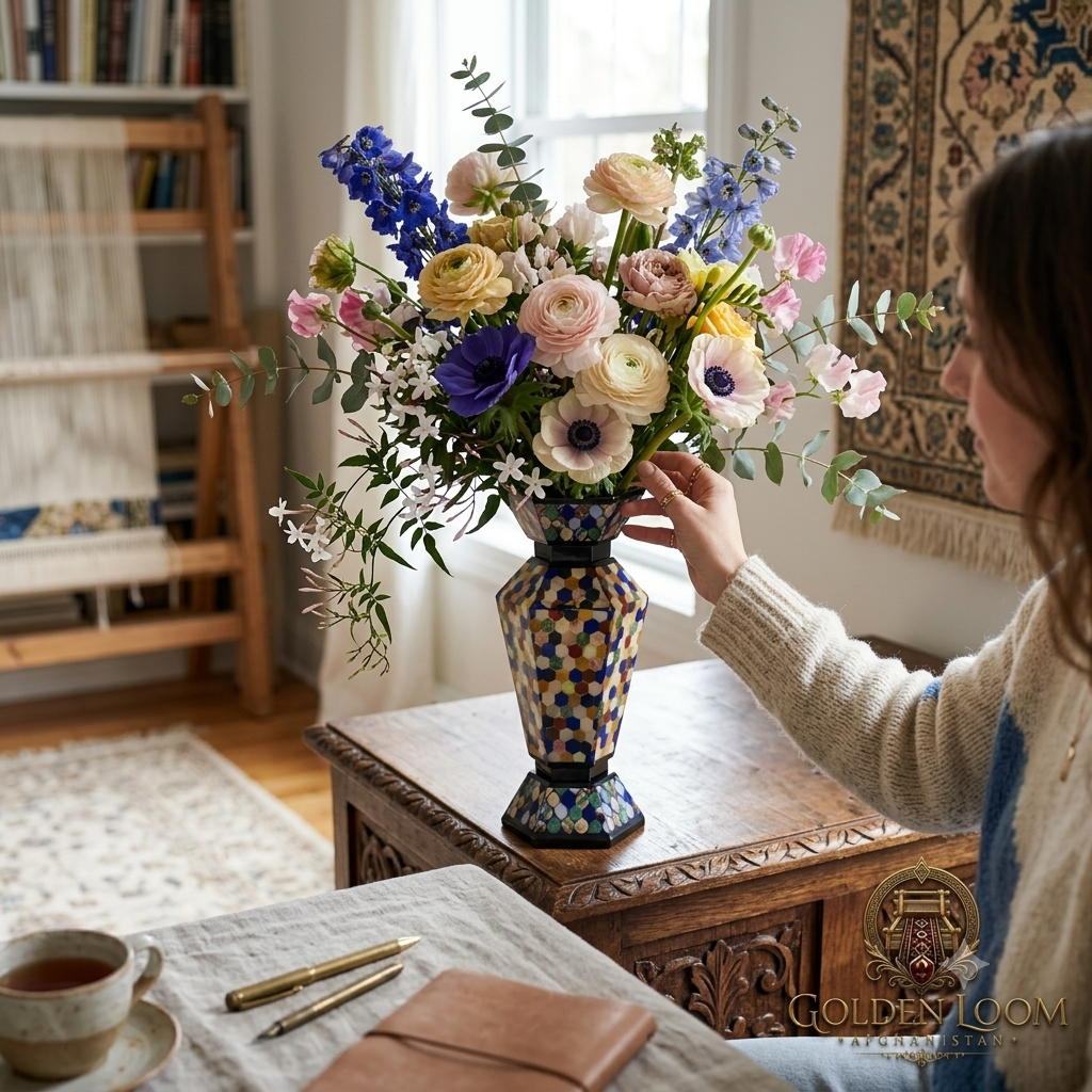 Woman arranging a floral bouquet in an Afghan mosaic gemstone vase on a rustic wooden table in a sunlit artisan workshop with a carpet loom and yarn in the background — Golden Loom Afghanistan