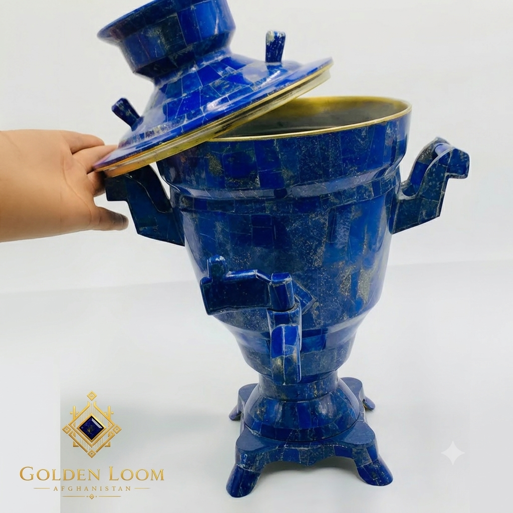 Handcrafted Lapis Lazuli Samovar with brass rim lid being opened, showing deep blue gemstone mosaic surface — Golden Loom Afghanistan