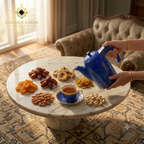 Woman pouring tea from a Lapis Lazuli samovar into a blue gemstone cup surrounded by dates, dried apricots, almonds, figs and pistachios on a marble table — Golden Loom Afghanistan