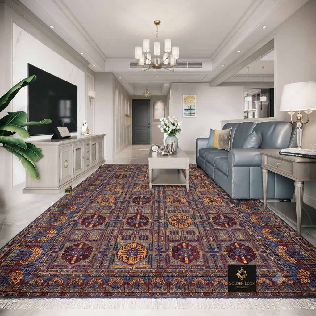 Oversized Afghan carpet with bold medallion design in deep red, purple, and gold tones in a contemporary white living room — Golden Loom Afghanistan