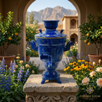Lapis Lazuli Samovar displayed on a stone pedestal in a lush Afghan courtyard with citrus trees and colorful flowers — Golden Loom Afghanistan