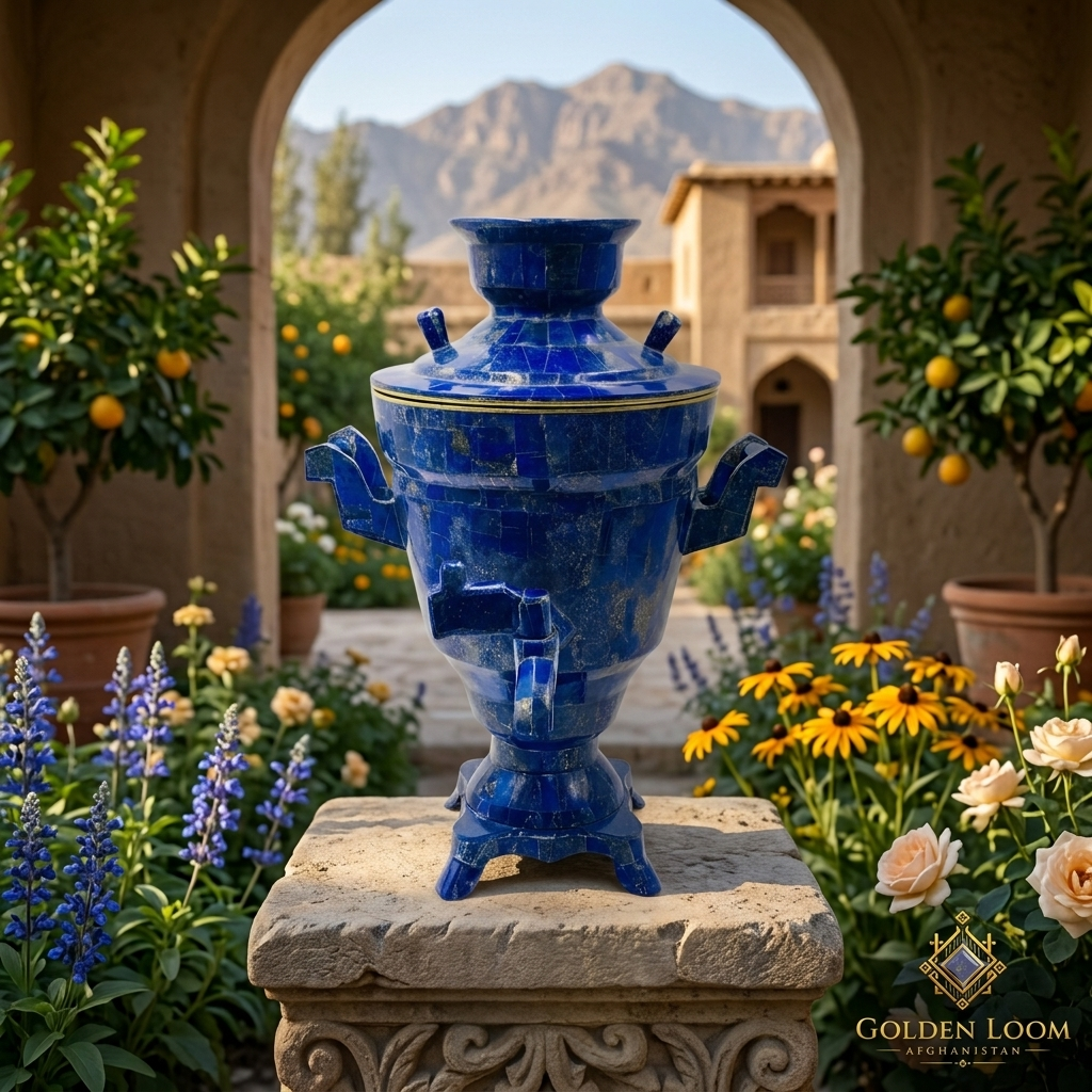 Lapis Lazuli Samovar displayed on a stone pedestal in a lush Afghan courtyard with citrus trees and colorful flowers — Golden Loom Afghanistan