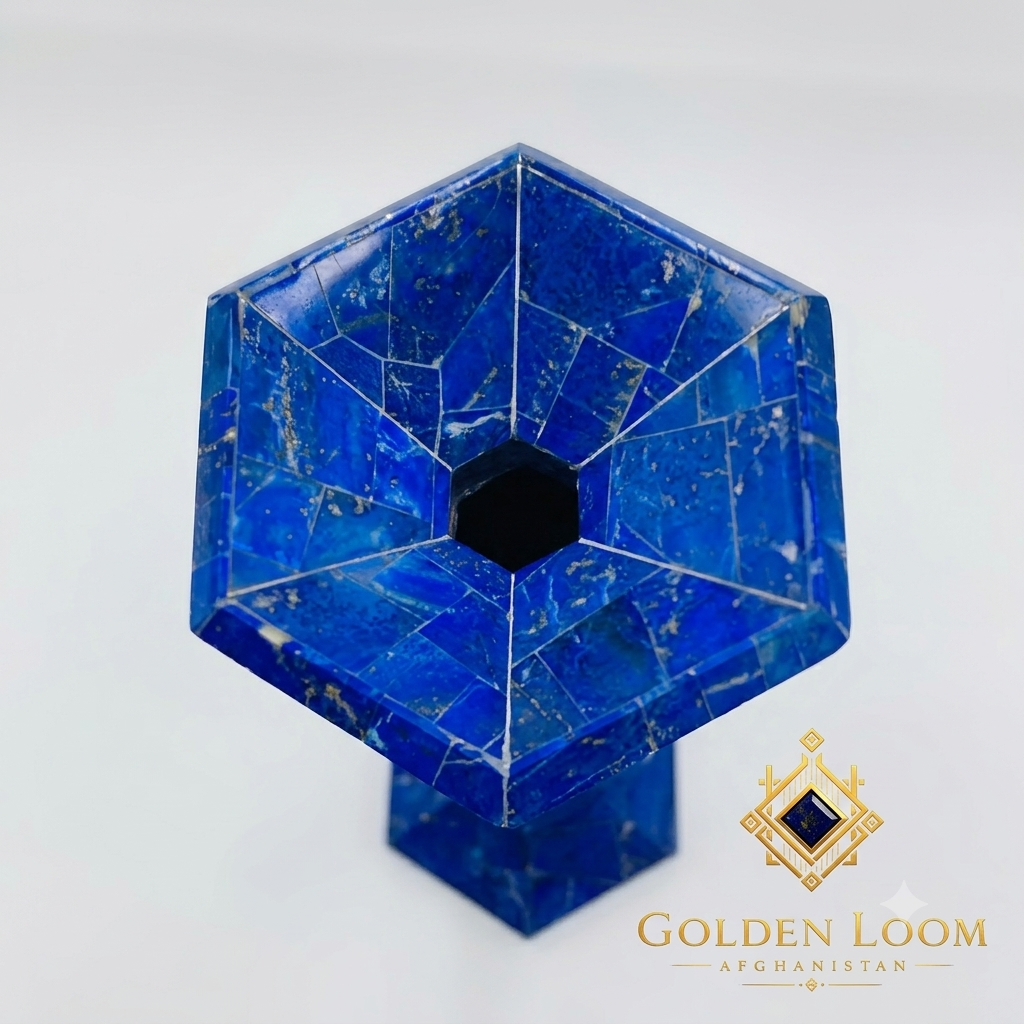 Top-down view of hand-carved lapis lazuli vase showing hexagonal opening and pyrite-flecked stone mosaic — Six-Sided Lapis Vase Set by Rayees