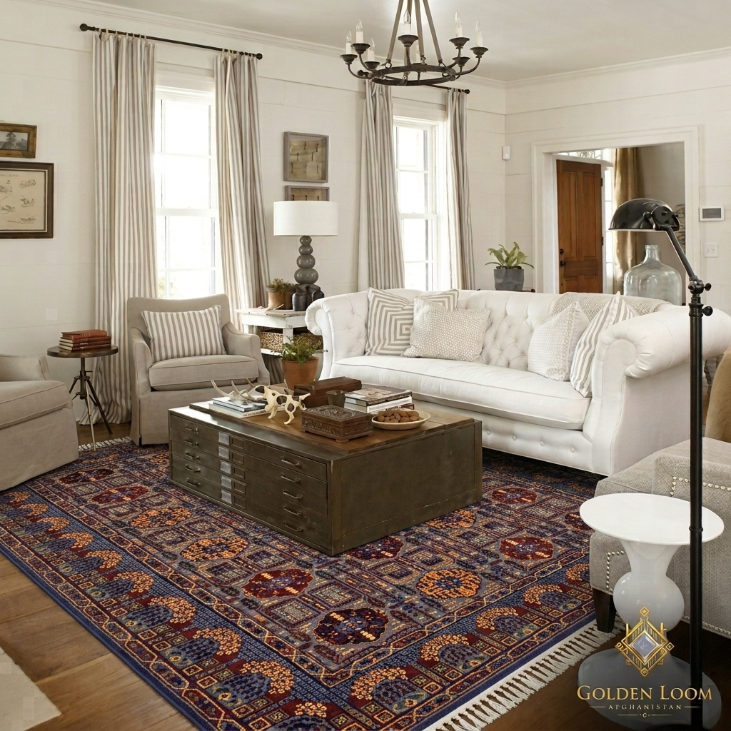 Authentic Afghan hand-knotted rug with classic geometric repeat in burgundy and indigo blue styled in a rustic farmhouse living room with tufted sofa — Golden Loom Afghanistan