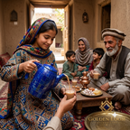 Afghan girl in traditional dress pouring tea from a Lapis Lazuli samovar for her family seated on handwoven carpets in a traditional mud-brick courtyard — Golden Loom Afghanistan