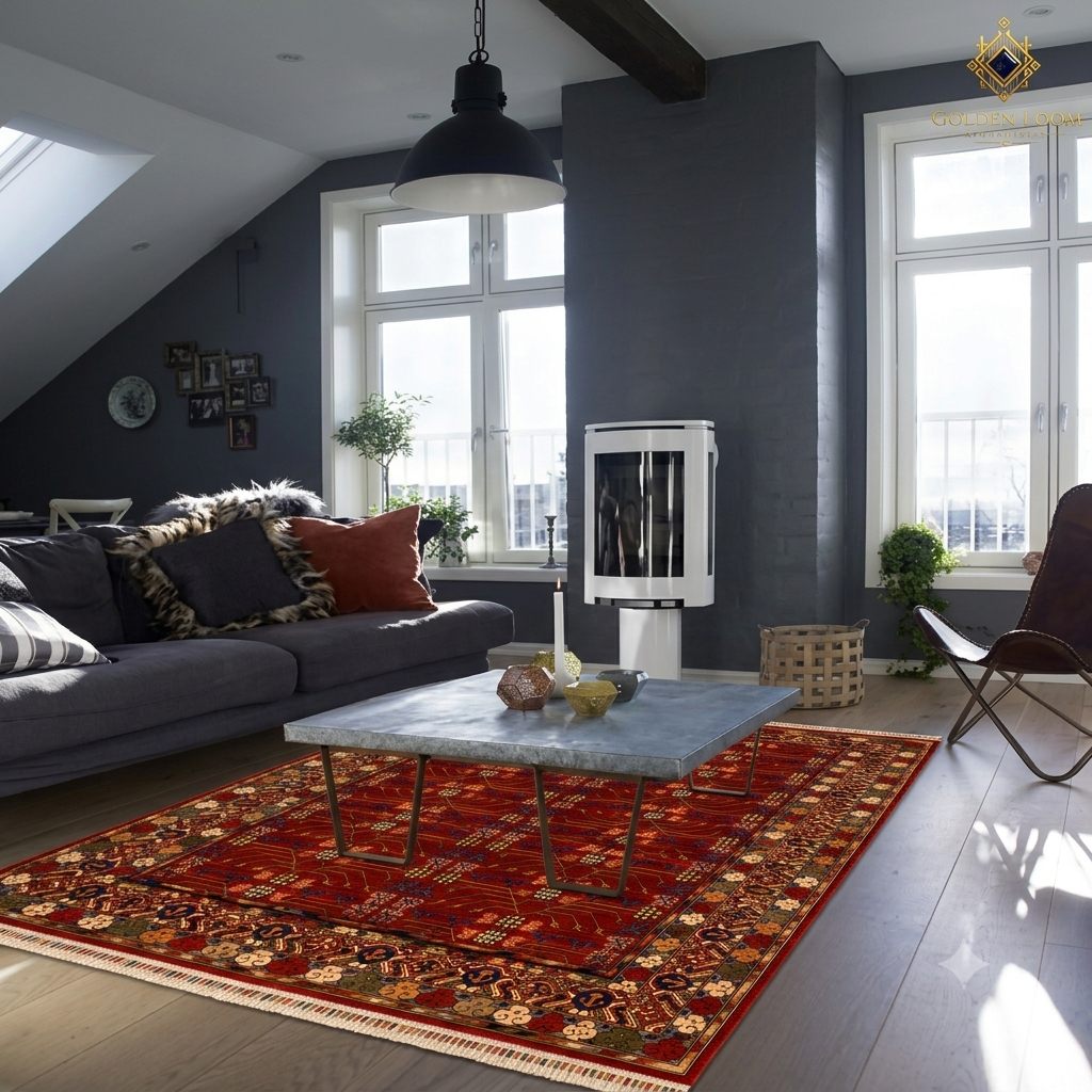 Sultani Chobi Afghan carpet in crimson red with traditional Chobi border displayed in a moody dark-walled living room with grey sofa, fireplace, and industrial pendant light, Golden Loom Afghanistan