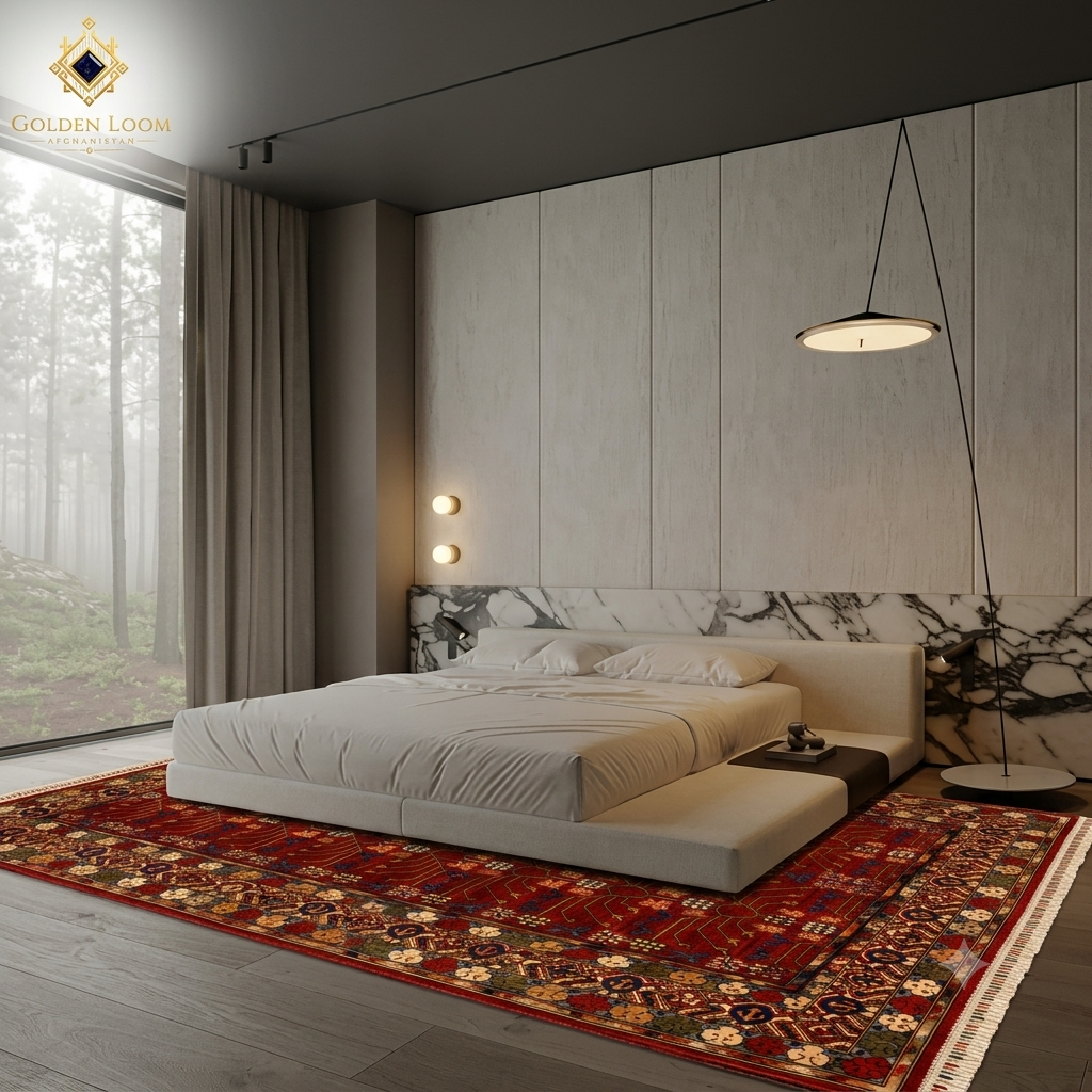 Sultani Chobi hand-knotted Afghan carpet in deep crimson red styled under a modern luxury bed with marble headboard, wood panel walls, and forest view, Golden Loom Afghanistan