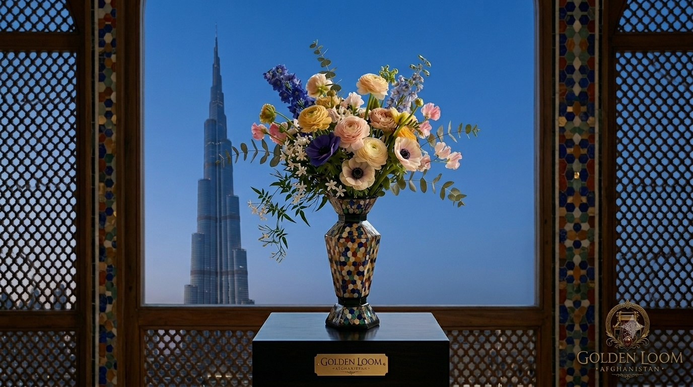 Afghan multi-gemstone mosaic vase filled with a lush bouquet of ranunculus, anemones and delphiniums on a black pedestal, framed by an ornate window with the Burj Khalifa in the background — Golden Loom Afghanistan