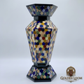 Afghan multi-gemstone mosaic vases with intricate floral and bird motifs in blue, green, yellow and white, displayed on a white marble base — Golden Loom Afghanistan