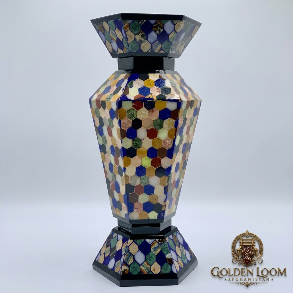 Afghan multi-gemstone mosaic vases with intricate floral and bird motifs in blue, green, yellow and white, displayed on a white marble base — Golden Loom Afghanistan