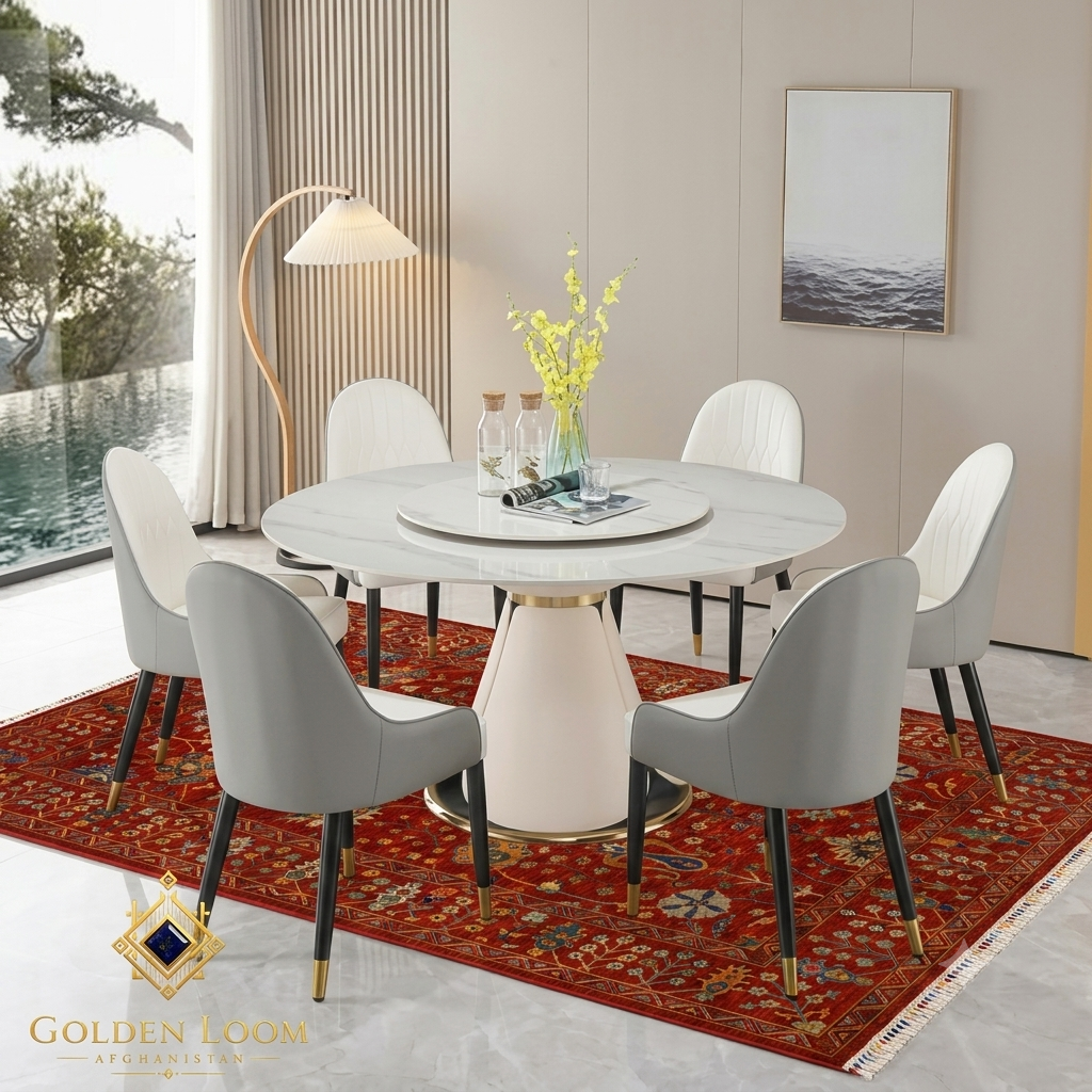 Traditional Afghan red floral rug styled under a round white marble dining table with gold-accented chairs in a contemporary interior — Golden Loom Afghanistan