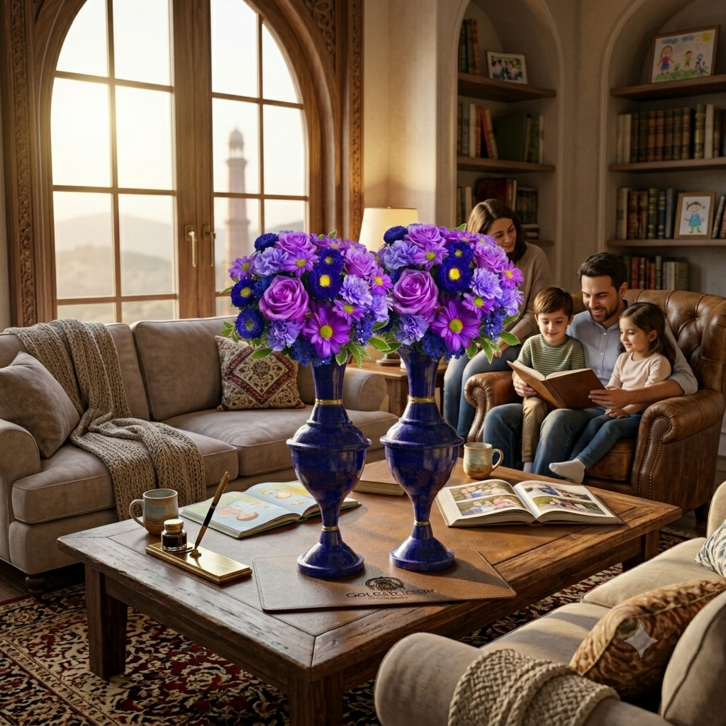 Two lapis lazuli vases with purple floral arrangements on a wooden writing desk beside an ink pen set, arched wooden door and bookshelf in background