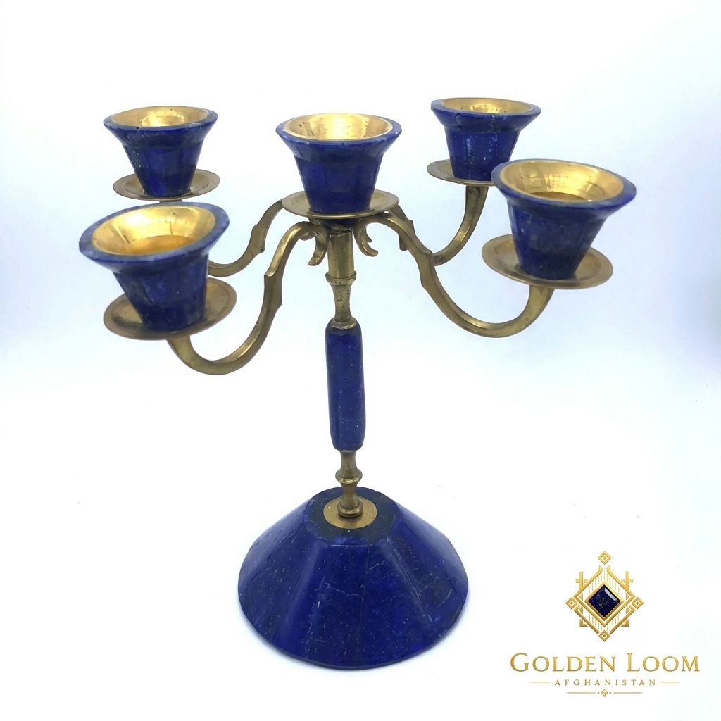 Top view of a handcrafted Afghan lapis lazuli and brass 5-arm candelabra showing gold-lined candle cups and lapis stone inlay — Golden Loom Afghanistan
