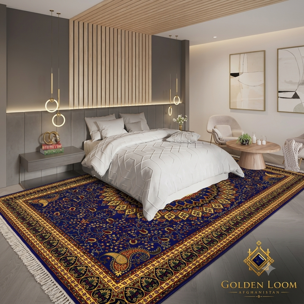 Golden Loom Afghanistan royal blue handmade carpet with gold medallion pattern styled under a bed in a contemporary bedroom with pendant lighting