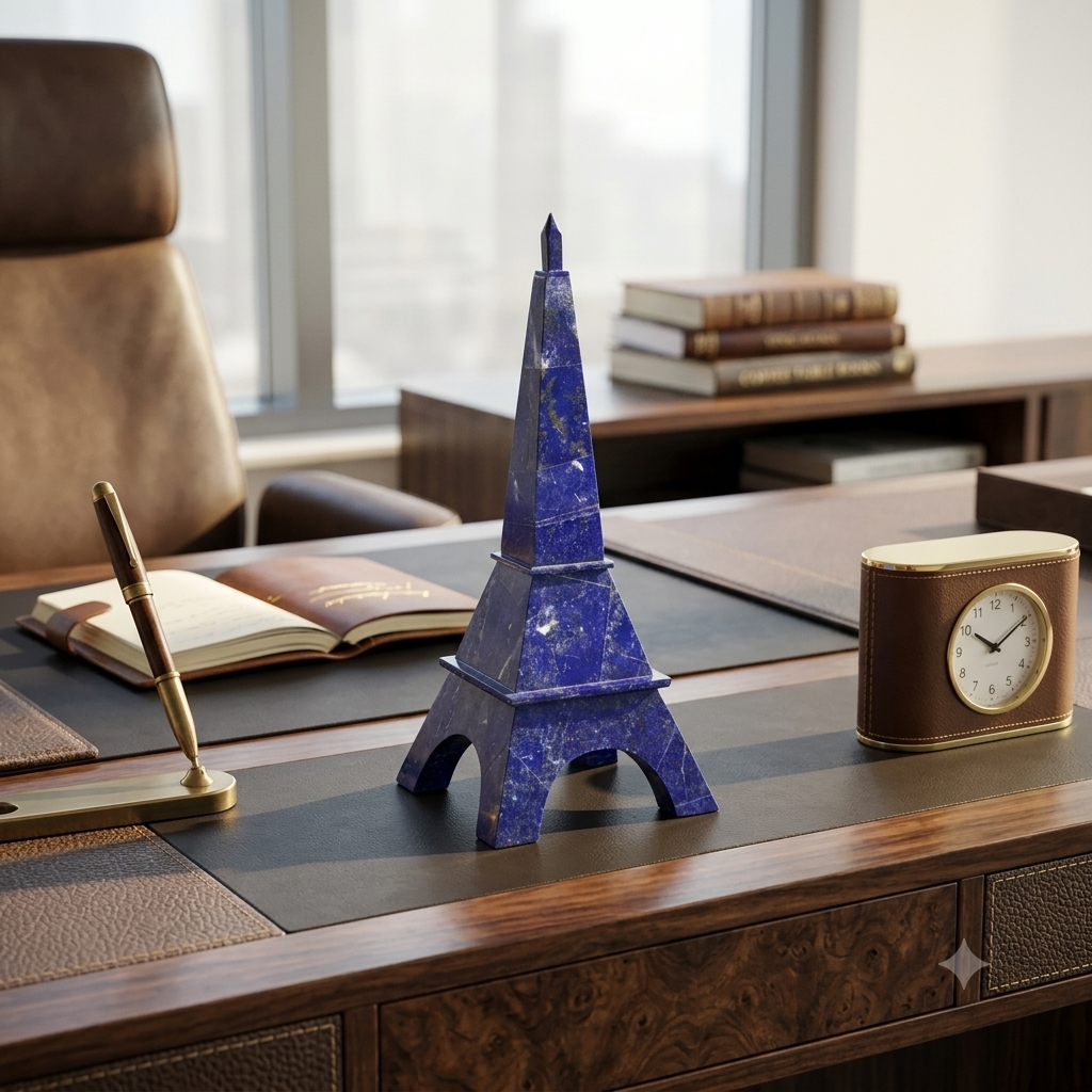 Lapis Lazuli Eiffel Tower sculpture on a luxury executive desk with leather journal and brass clock