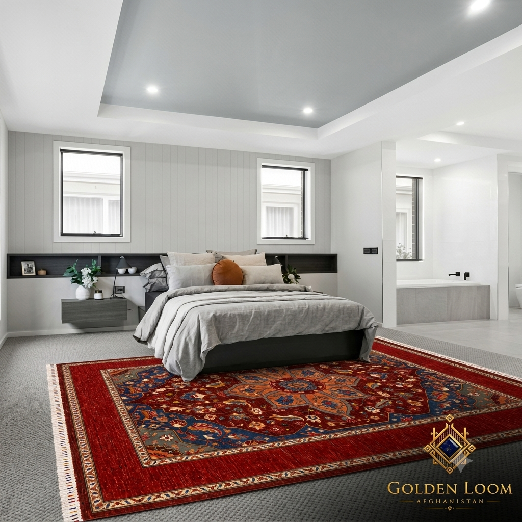 Chobi Kashan Afghan carpet placed at the foot of a modern king-size bed in a bright minimalist master bedroom — Golden Loom Afghanistan