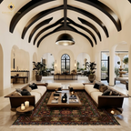 A luxury interior design showcase featuring a grand, high-ceilinged living room with arched beige walls, dark wood beams, and a large traditional oriental rug. The room is furnished with cream-colored sofas, dark wood coffee tables, and potted plants.