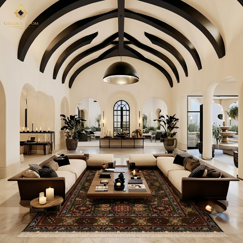 A luxury interior design showcase featuring a grand, high-ceilinged living room with arched beige walls, dark wood beams, and a large traditional oriental rug. The room is furnished with cream-colored sofas, dark wood coffee tables, and potted plants.