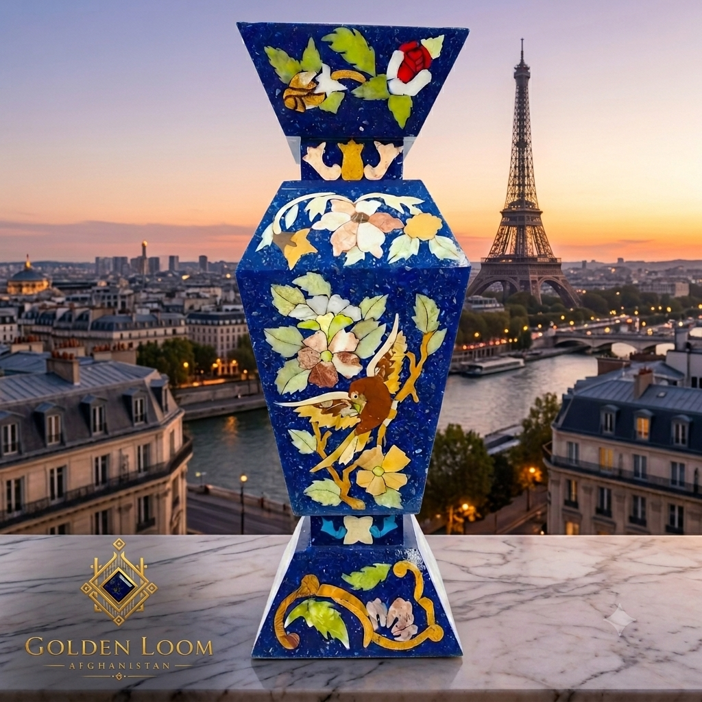 Afghan lapis lazuli hand-painted vase with colorful stone inlay on a white marble surface overlooking the Eiffel Tower and Paris cityscape at dusk — Golden Loom Afghanistan