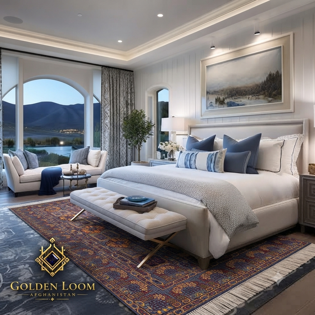 Traditional Afghan rug with dense floral and geometric pattern in navy and burgundy styled under a king bed in a high-end master bedroom — Golden Loom Afghanistan