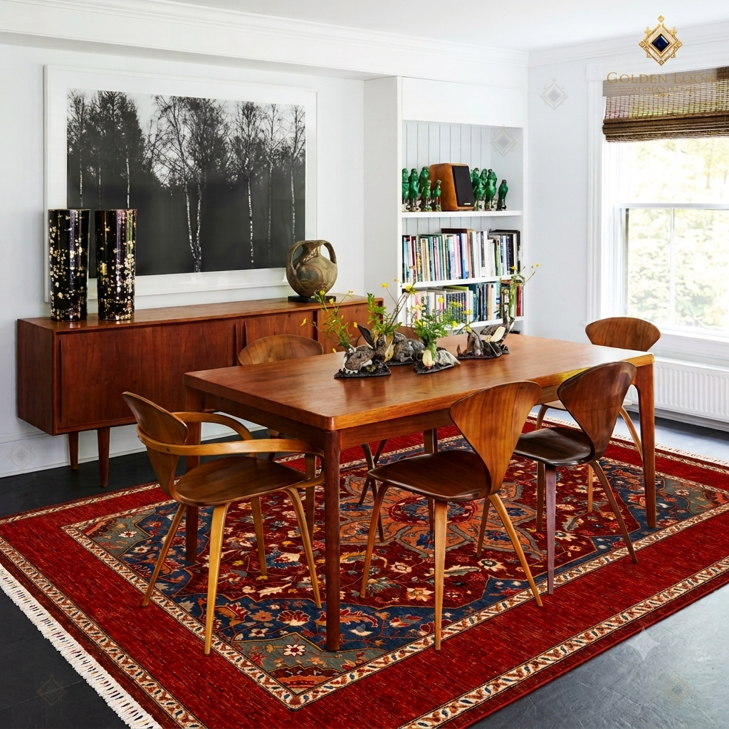 Chobi Kashan hand-knotted Afghan wool carpet styled under a mid-century walnut dining table with sculptural chairs — Golden Loom Afghanistan