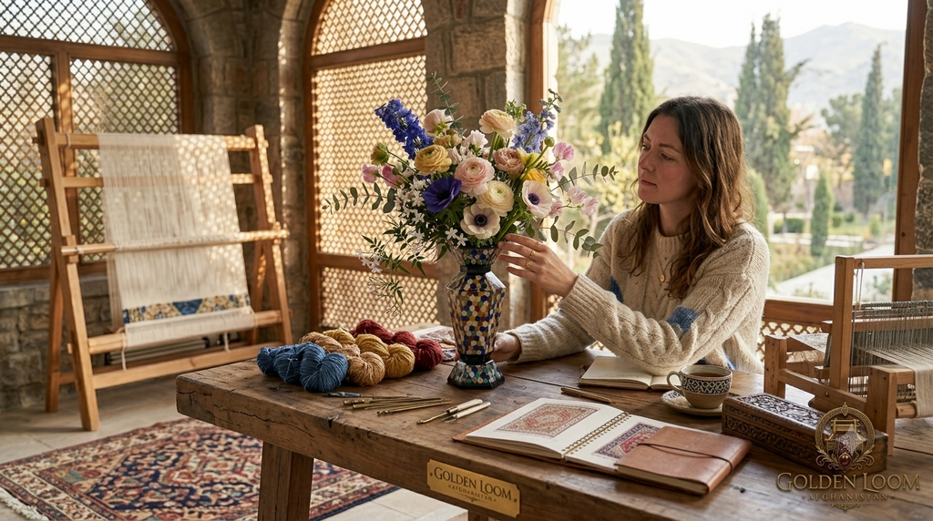 Woman arranging a floral bouquet in an Afghan mosaic gemstone vase on a rustic wooden table in a sunlit artisan workshop with a carpet loom and yarn in the background — Golden Loom Afghanistan