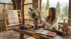 Woman arranging a floral bouquet in an Afghan mosaic gemstone vase on a rustic wooden table in a sunlit artisan workshop with a carpet loom and yarn in the background — Golden Loom Afghanistan