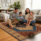 Hand-knotted Afghan Chobi Kashan Lahori carpet in a family living room — blue medallion, rust-red border, natural wool