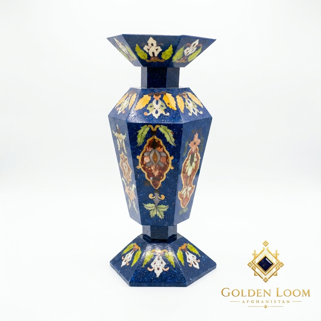 Handcrafted Afghan lapis lazuli mosaic vase with blue stone base and natural floral inlay motifs, front view on white background — Golden Loom Afghanistan decorative gemstone art