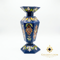 Handcrafted Afghan lapis lazuli mosaic vase with blue stone base and natural floral inlay motifs, front view on white background — Golden Loom Afghanistan decorative gemstone art